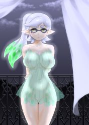 Rule 34 | 1girl, arms behind back, belly, blush, breasts, cleavage, cleft of venus, covered erect nipples, domino mask, female focus, grey hair, groin, highres, inkling, inkling player character, large breasts, lingerie, looking at viewer, marie (splatoon), mask, mole, mole under eye, navel, nintendo, nipples, no bra, no panties, pointy ears, pussy, see-through, side ponytail, solo, splatoon (series), splatoon 1, taka-michi, tentacle hair, tentacles, thighs, uncensored, underwear, wide hips, yellow eyes