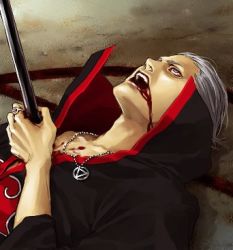 Rule 34 | akatsuki (naruto), blood, blood from mouth, coat, hidan (naruto), insignia, jewelry, lily (artist), lowres, male focus, naruto (series), naruto shippuuden, necklace, open mouth, outdoors, pole, silver hair, solo, trench coat