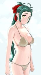 Rule 34 | 1girl, ahoge, alternate costume, antenna hair, bad id, bad twitter id, bare shoulders, bikini, blurry, breasts, closed mouth, collarbone, commentary, cowboy shot, green eyes, green hair, hair between eyes, hair ribbon, highres, irako (kancolle), kantai collection, large breasts, long hair, looking at viewer, navel, ojipon, ponytail, ribbon, simple background, solo, standing, string bikini, swimsuit, symbol-only commentary, very long hair