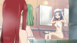Rule 34 | 3girls, animated, animated gif, ass, bath, bisca mulan, blue hair, erza scarlet, fairy tail, levy mcgarden, long hair, multiple girls, nude, red hair, short hair