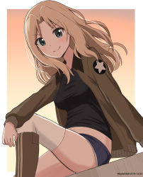 Rule 34 | 1girl, absurdres, arm on knee, arm support, black footwear, black shirt, blonde hair, blue eyes, blue shorts, boots, brown jacket, closed mouth, commentary, dated, denim, denim shorts, dusk, dutch angle, emblem, girls und panzer, hair intakes, highres, jacket, kay (girls und panzer), leaning back, leg up, long hair, long sleeves, looking at viewer, military, military uniform, one-hour drawing challenge, open clothes, open jacket, orange background, orange sky, outdoors, outside border, saunders military uniform, shirt, short shorts, shorts, sitting, sky, smile, solo, star (symbol), thighhighs, twitter username, uniform, white thighhighs, yuuki koutarou