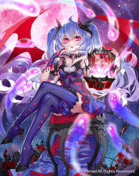 Rule 34 | 1girl, bat wings, box, cardfight!! vanguard, chair, company name, demon tail, drill hair, flower, high heels, horns, leaf, moon, night, night sky, official art, purple hair, red eyes, rose, sitting, sky, solo, spinel (9057), star (sky), succubus of desire, tail, teeth, thighhighs, thorns, twintails, wings