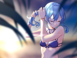 Rule 34 | 1girl, bikini, blue bikini, blurry, blurry background, blurry foreground, bracelet, breasts, closed eyes, closed mouth, depth of field, earrings, facing viewer, hands up, hololive, hoshimachi suisei, jewelry, mikan (chipstar182), small breasts, solo, star (symbol), star earrings, swimsuit, tying hair, upper body, virtual youtuber, wet, wet hair