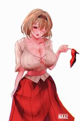 1girl alternate_costume breasts cleavage collarbone covered_erect_nipples goddess_of_victory:_nikke hairband highres large_breasts light_brown_hair n1n1 one_eye_closed red_footwear red_shoes_(nikke) red_skirt shoes short_hair simple_background skirt solo white_background