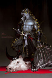 Rule 34 | 2022, abs, animal, animal focus, artist name, blood, bone, chinese clothes, chinese text, claws, corpse, cow, drawing, full body, furry, furry male, gauntlets, gold trim, highres, holding, holding sword, holding weapon, in-hyuk lee, instagram username, katana, long sleeves, looking afar, male focus, mixed-language commentary, muscular, navel, off shoulder, open mouth, original, pectoral cleavage, pectorals, ribs, robe, samurai, sharp teeth, signature, single gauntlet, solo, standing, sword, tail raised, teeth, thighs, tiger, watermark, weapon, web address, wide sleeves, yellow eyes