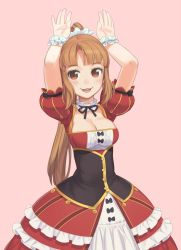 Rule 34 | 1girl, :3, arms up, black ribbon, blush, breasts, brown eyes, brown hair, choker, cleavage, corset, cristalavi, dress, highres, long hair, looking at viewer, medium breasts, open mouth, original, pink background, ponytail, princess, puffy short sleeves, puffy sleeves, rabbit pose, red dress, ribbon, short sleeves, solo, very long hair