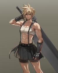 Rule 34 | 1boy, abs, absurdres, arm guards, bare shoulders, bike shorts under skirt, black gloves, black skirt, blonde hair, blue eyes, buster sword, closed mouth, cloud strife, collarbone, cosplay, cowboy shot, crop top, final fantasy, final fantasy vii, final fantasy vii remake, fingerless gloves, gloves, gradient background, highres, holding, holding sword, holding weapon, huge weapon, male focus, muscular, muscular male, navel, pectorals, shoji sakura, short hair, skirt, solo, spiked hair, suspender skirt, suspenders, sword, tank top, tifa lockhart, tifa lockhart (cosplay), weapon, white tank top