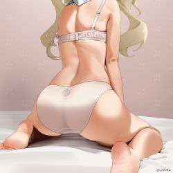 Rule 34 | 1girl, absurdres, ass, back, barbara (genshin impact), barefoot, bed sheet, blonde hair, bra, drill hair, facing away, feet, from behind, genshin impact, head out of frame, highres, kneeling, long hair, panties, sitting, soles, solo, strap slip, toes, twintails, underwear, underwear only, wariza, white bra, white panties, wusie2