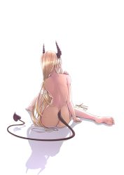 Rule 34 | 1girl, absurdres, arazand, artist name, ass, blonde hair, commentary, dated, demon horns, demon tail, from behind, highres, horns, long hair, nude, on ground, original, simple background, sitting, solo, tail, white background
