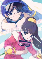 Rule 34 | 1boy, 1girl, absurdres, black hair, blue eyes, blue hair, cardcaptor sakura, coat, commentary request, daidouji tomoyo, expressionless, glasses, gloves, goggles, highres, hiiragizawa eriol, long hair, nzeneee, parted lips, ponytail, ski goggles, skis, smile