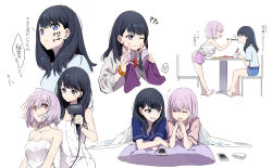 Rule 34 | 2girls, ?, black hair, blanket, blue eyes, blue pajamas, blush, body writing, bow, bowtie, breasts, cellphone, cheek pinching, chopsticks, cleavage, drawing on another&#039;s face, feeding, food, gridman universe, hair dryer, highres, holding, jacket, large breasts, light purple hair, long hair, long sleeves, looking at viewer, multiple girls, naked towel, one eye closed, pajamas, phone, pillow, pinching, pink pajamas, purple jacket, red bow, red eyes, red neckwear, shinjou akane, short hair, short sleeves, shorts, simple background, sitting, slippers, smartphone, smile, ssss.gridman, table, takarada rikka, towel, translation request, under covers, usamin (megumikira), white background, white towel, wince, yuri