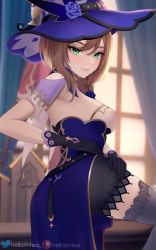 Rule 34 | 1girl, ass, belt, black gloves, black skirt, black thighhighs, blue dress, blue hat, breasts, brown hair, dress, genshin impact, gloves, green eyes, hat, helloimtea, highres, lisa (genshin impact), long hair, looking at viewer, medium breasts, multicolored clothes, multicolored dress, sideboob, skirt, smile, solo, thighhighs, thighs, witch hat