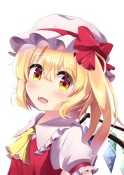 Rule 34 | 1girl, ascot, backlighting, blonde hair, blush, collared shirt, crystal, fang, flandre scarlet, frilled ascot, frilled shirt collar, frilled sleeves, frills, from side, furannsupaku, hair between eyes, hat, hat ribbon, highres, long hair, looking at viewer, mob cap, multicolored wings, one side up, open mouth, orange eyes, puffy short sleeves, puffy sleeves, red ribbon, red vest, ribbon, shirt, short sleeves, simple background, solo, touhou, upper body, vest, white background, white hat, white shirt, wings, yellow ascot