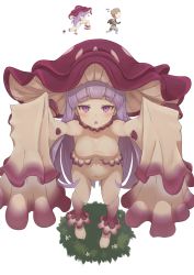 Rule 34 | 1girl, absurdres, arms up, barefoot, bell orgel, blunt bangs, blush, bodysuit, breasts, commentary request, full body, highres, impossible bodysuit, impossible clothes, light purple hair, long hair, looking at viewer, medium breasts, monster girl, monster girl encyclopedia, monster girl encyclopedia ii, mushroom girl, mushroom hat, myconid (monster girl encyclopedia), navel, nude, purple eyes, reaching, reaching towards viewer, simple background, sleeves past fingers, sleeves past wrists, solo focus, triangle mouth, very long hair, very long sleeves, white background