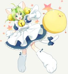 Rule 34 | 1girl, :d, animal ears, animal hands, animal hat, apron, bell, bow, cako ashida, cat hat, cat tail, dejiko, di gi charat, dress, full body, gema, gloves, green eyes, green hair, hair ornament, hat, jingle bell, looking at viewer, maid apron, matching hair/eyes, open mouth, paw gloves, paw shoes, pointing, ribbon, shoes, short hair, simple background, smile, solo, star (symbol), tail, tail bow, tail ornament, tail ribbon