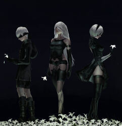 Rule 34 | 1boy, 2b (nier:automata), 2girls, 9s (nier:automata), a2 (nier:automata), android, bare shoulders, black background, black blindfold, black dress, black gloves, black hairband, blindfold, blue eyes, breasts, clothing cutout, commentary, covered eyes, dress, elbow gloves, english commentary, flower, gloves, hairband, highres, holding, holding flower, joints, juliet sleeves, large breasts, long hair, long sleeves, looking up, multiple girls, nier:automata, nier (series), petals, puffy sleeves, robot joints, short hair, shorts, simple background, thighhighs, viet le quoc, white flower, white hair