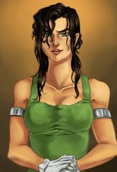 Rule 34 | 1girl, alternate hairstyle, armlet, artist request, avatar: the last airbender, avatar legends, black hair, breasts, cleavage, gloves, green eyes, kuvira, looking at viewer, own hands together, smile, solo, tank top, the legend of korra, toned, upper body, white gloves