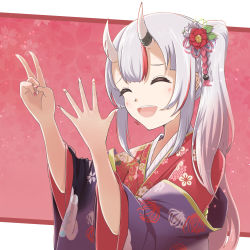 Rule 34 | 1girl, :d, ^ ^, absurdres, blush, closed eyes, facing viewer, fang, fang out, floral print, flower, hair flower, hair ornament, hands up, highres, hilamaru, hololive, horns, japanese clothes, kimono, long hair, long sleeves, multicolored hair, nail art, nail polish, nakiri ayame, nakiri ayame (new year), off shoulder, oni, open mouth, ponytail, print kimono, red flower, red hair, red kimono, skin-covered horns, smile, solo, streaked hair, teeth, upper body, upper teeth only, v, very long hair, virtual youtuber, white flower, wide sleeves