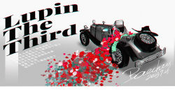 Rule 34 | absurdres, bacchus lpiii, car, commentary, copyright name, crack, cracked glass, dated, flower, green jacket, grey background, hat, highres, jacket, lupin iii, motor vehicle, no humans, petals, red flower, red rose, rose, rose petals, signature, symbol-only commentary, translation request, wheel, white flower, white rose