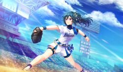 Rule 34 | 1girl, ball, baseball, baseball (object), baseball glove, baseball stadium, baseball uniform, blue wristband, blurry, cinderella series, cloud, crowd, depth of field, dutch angle, film grain, game cg, green hair, hachigatsu no cinderella nine, high ponytail, highres, hiiragi kotoha, hokkaido nippon-ham fighters, holding, holding ball, light particles, light rays, long hair, multicolored shirt, nippon professional baseball, non-web source, official alternate hairstyle, official art, outdoors, pitching, playing sports, purple eyes, shirt under shirt, short hair, shorts, sky, sportswear, sunbeam, sunlight