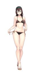 Rule 34 | 1girl, alternate costume, bare arms, bare legs, bare shoulders, bikini, black bikini, black hair, blue eyes, blush, breasts, collarbone, commentary request, flip-flops, full body, glasses, hairband, highres, holding, kantai collection, long hair, looking at viewer, nail polish, navel, ooyodo (kancolle), open mouth, sandals, side-tie bikini bottom, simple background, skindentation, small breasts, smile, solo, standing, string bikini, swimsuit, toenail polish, toenails, white background, yuuji (and)