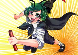 Rule 34 | 1girl, absurdres, antennae, black cape, black footwear, black shorts, blush, cape, collared shirt, commentary request, full body, green eyes, green hair, highres, looking at viewer, mary janes, medium bangs, open mouth, orange background, relay baton, shirt, shoes, short hair, short sleeves, shorts, smile, socks, solo, tokatokato, touhou, white background, white shirt, white socks, wriggle day, wriggle nightbug