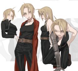 Rule 34 | 1girl, :p, anger vein, angry, arm up, automail, bare arms, bare shoulders, black jacket, black pants, blonde hair, blush, boots, braid, braided ponytail, breasts, cbow, coat, cropped jacket, cropped torso, edward elric, fullmetal alchemist, genderswap, genderswap (mtf), gloves, grey background, hair between eyes, hair down, highres, jacket, long hair, long sleeves, looking at viewer, mechanical arms, multiple views, one eye closed, on one knee, open clothes, open coat, pants, parted bangs, profile, red coat, sideboob, single braid, single mechanical arm, sleeveless, standing, sweat, tank top, tongue, tongue out, torn clothes, white gloves, yellow eyes