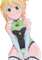 Rule 34 | 1girl, aiai (jsm), akatsuki kirika, bare shoulders, blonde hair, breasts, covered navel, elbow gloves, gloves, green eyes, green leotard, highres, leotard, looking at viewer, looking down, medium breasts, senki zesshou symphogear, shiny clothes, shiny skin, short hair, simple background, smile, solo, standing, striped clothes, striped thighhighs, thighhighs, white background