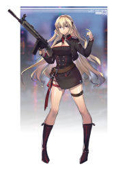 Rule 34 | 1girl, absurdres, battle rifle, belt, black footwear, black jacket, blonde hair, boots, breasts, brown belt, character name, cleavage, commission, copyright name, cross, cross necklace, g3 (girls&#039; frontline), girls&#039; frontline, gun, h&amp;k g3, hand up, highres, holding, holding weapon, jacket, jewelry, legs, long hair, looking at viewer, medium breasts, necklace, pixiv commission, purple eyes, rifle, simple background, slmsxiaodu, solo, standing, uniform, weapon