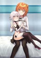 Rule 34 | 2girls, bad id, bad pixiv id, bandaged arm, bandages, bare shoulders, bed, black footwear, black pantyhose, black shirt, black skirt, black thighhighs, blush, boots, brown eyes, brown hair, chaldea uniform, closed mouth, command spell, facial scar, fate/grand order, fate (series), fujimaru ritsuka (female), green eyes, hair between eyes, hair ornament, hair scrunchie, head tilt, highres, indoors, jack the ripper (fate/apocrypha), jacket, long sleeves, looking at viewer, looking to the side, mizoredama, multiple girls, on bed, on lap, one side up, open mouth, orange scrunchie, pantyhose, pleated skirt, scar, scar across eye, scar on cheek, scar on face, scrunchie, shirt, shoulder tattoo, silver hair, sitting, sitting on lap, sitting on person, skirt, sleeveless, sleeveless shirt, smile, tattoo, teeth, thigh boots, thighhighs, uniform, upper teeth only, white jacket