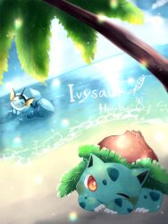 Rule 34 | animal focus, beach, blue skin, blue sky, closed eyes, cloud, colored skin, commentary request, creatures (company), fins, forked tail, game freak, gen 1 pokemon, hanabusaoekaki, head fins, highres, horizon, ivysaur, nintendo, no humans, one eye closed, open mouth, outdoors, palm tree, pokemon, pokemon (creature), red eyes, sky, tail, tree, vaporeon, water