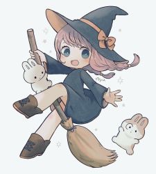 Rule 34 | 1girl, ankle boots, ayu (mog), black dress, black eyes, blush, boots, bow, braid, bright pupils, broom, broom riding, brown footwear, rabbit, commentary, dress, falling, hat, hat bow, long sleeves, open mouth, orange bow, original, pink hair, short dress, signature, solo, sparkle, star (symbol), twin braids, twintails, white background, white pupils, witch, witch hat