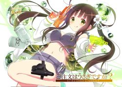 Rule 34 | 1girl, :q, alternate hairstyle, anko (gochiusa), anko (gochuumon wa usagi desuka?), badge, blush, breasts, brown hair, button badge, camouflage, cleavage, copyright name, crop top, dog tags, flower, glint, gochuumon wa usagi desu ka?, green eyes, hair flower, hair ornament, highres, holding, jacket, koi (koisan), large breasts, long hair, looking at viewer, midriff, navel, off shoulder, official art, open clothes, open jacket, shorts, smile, solo, sparkle, thigh strap, tongue, tongue out, twintails, ujimatsu chiya, water drop, water gun