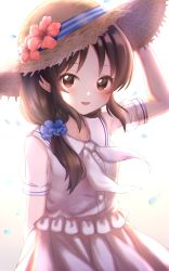 Rule 34 | 1girl, :d, backlighting, bad id, bad pixiv id, blue scrunchie, blush, brown background, brown eyes, brown hair, brown hat, commentary, cotrpopor, dress, flower, gradient background, hair ornament, hair over shoulder, hair scrunchie, hand on headwear, hat, hat flower, hibiscus, highres, idolmaster, idolmaster cinderella girls, long hair, looking at viewer, open mouth, pink flower, ponytail, sailor dress, scrunchie, see-through, see-through sleeves, short sleeves, sidelocks, smile, solo, standing, straw hat, sun hat, symbol-only commentary, tachibana arisu, white background, white dress, white neckwear, wind