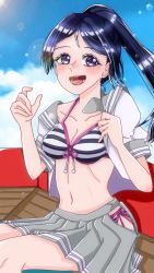 Rule 34 | 1girl, artist name, artist request, bare legs, bare shoulders, bikini, bikini under clothes, blue hair, blue sky, blush, cloud, collarbone, day, female focus, floating hair, front-tie bikini top, front-tie top, grey sailor collar, grey skirt, hair between eyes, high ponytail, highres, layered skirt, long hair, looking at viewer, love live!, love live! sunshine!!, matsuura kanan, miniskirt, open clothes, open mouth, open shirt, open skirt, outdoors, parted lips, plaid, plaid skirt, pleated, pleated skirt, ponytail, purple eyes, sailor collar, school uniform, shirt, short sleeves, sitting, skirt, sky, smile, solo, striped bikini, striped clothes, sunlight, swimsuit, uranohoshi school uniform, wavy hair, white bikini, white shirt