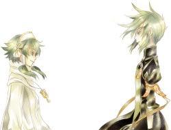 Rule 34 | 00s, 2boys, green eyes, green hair, hair tubes, ion (tales), jewelry, male focus, multiple boys, necklace, short hair with long locks, simple background, spoilers, sync (tales), tales of (series), tales of the abyss, white background