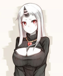 Rule 34 | 10s, 1girl, abyssal ship, alternate costume, breasts, cleavage, cleavage cutout, clothing cutout, colored skin, covered erect nipples, heart, heart-shaped lock, heart necklace, highres, horns, jewelry, kantai collection, large breasts, lock, long hair, looking at viewer, meme attire, necklace, open-chest sweater, red eyes, ribbed sweater, ribbon, seaport princess, shuuichi, single horn, solo, standing, sweater, turtleneck, upper body, white hair, white skin