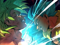 Rule 34 | 2boys, battle, blue eyes, blue hair, broly (dragon ball super), dirty, dirty face, dragon ball, dragon ball super, dragon ball super broly, energy ball, face-to-face, fighting stance, fingernails, frown, gogeta, green eyes, green hair, grin, incoming attack, incoming punch, legendary super saiyan, male focus, multiple boys, profile, punching, serious, short hair, smile, spiked hair, super saiyan, super saiyan blue, tako jirou, teeth