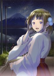 Rule 34 | 1girl, :d, absurdres, blush, brown hair, grass, hair ornament, highres, huge filesize, japanese clothes, lamppost, looking back, miko, mountain, night, open mouth, original, outdoors, pom pom (clothes), purple eyes, red skirt, road, scan, skirt, sky, sleeves past wrists, smile, solo, star (sky), starry sky, torii, water, yoshizuki kumichi