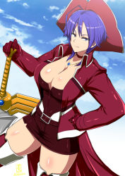 Rule 34 | 1girl, blue eyes, blue hair, breasts, cleavage, hand on own hip, hat, highres, jewelry, large breasts, looking at viewer, love heart (kof), midriff, necklace, okyou, pirate, pirate hat, short hair, sky love, sword, the king of fighters, thighhighs, weapon