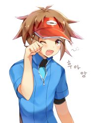 Rule 34 | 1boy, black shirt, blue jacket, blush, brown hair, creatures (company), fang, game freak, hand up, hat, jacket, korean text, looking at viewer, male focus, matching hair/eyes, nate (pokemon), nintendo, one eye closed, open mouth, poke ball symbol, poke ball theme, pokemon, pokemon bw2, red hat, shirt, short hair, short sleeves, simple background, sleepy, solo, squeans, tears, teeth, translation request, upper body, visor cap, white background, yawning, yuhi (hssh 6)