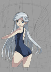 Rule 34 | 10s, 1girl, :o, ass, bad id, bad pixiv id, blue eyes, blue one-piece swimsuit, blue school swimsuit, braid, cowboy shot, cropped legs, female focus, from behind, grey background, grey hair, half updo, log horizon, long hair, looking at viewer, looking back, one-piece swimsuit, open mouth, reinesia el arte cowen, rohitsuka, school swimsuit, solo, swimsuit, very long hair