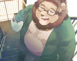 Rule 34 | 1boy, animal ears, bag, bara, belly, blue pants, brown hair, closed eyes, commentary request, fat, fat man, from above, full body, furry, furry male, glasses, green shirt, highres, holding, holding bag, lion boy, lion ears, lion mane, male focus, open clothes, open mouth, open shirt, orange fur, original, osukemo apartment (sawch cls), pants, photo background, sawch cls, shirt, short hair, smile, solo, stairs, thick arms, thick thighs, thighs, white undershirt, yakushiji taku (sawch cls)