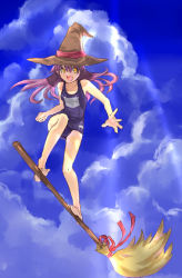 Rule 34 | 1girl, broom, broom riding, broom surfing, cloud, day, hat, oira (kagaribi), one-piece swimsuit, pink hair, school swimsuit, sky, solo, swimsuit, witch hat, yellow eyes