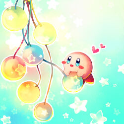 Rule 34 | 1boy, :d, blue eyes, blush stickers, colored skin, commentary request, dangling, heart, highres, kirby, kirby (series), looking at object, nintendo, no humans, on ball, open mouth, orb, pink skin, red footwear, smile, solid oval eyes, star (symbol), star in eye, streamers, symbol in eye, yume utsutsu (artist)