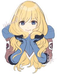 Rule 34 | 1girl, alternate hair length, alternate hairstyle, animification, apex legends, blue eyes, blue gloves, blue sweater, brown jacket, character name, cropped torso, gloves, highres, holding, holding own hair, jacket, long hair, parted lips, ribbed sweater, shirasu uni, signature, smile, solo, sweater, upper body, wattson (apex legends), white background