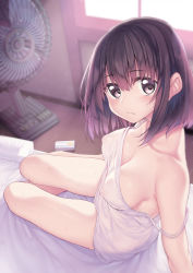 Rule 34 | 1girl, :/, bare legs, bare shoulders, bed sheet, blush, breasts, camisole, cleavage, closed mouth, collarbone, covered erect nipples, day, electric fan, from side, highres, indoors, katou megumi, looking at viewer, looking to the side, medium breasts, on bed, purple eyes, purple hair, saenai heroine no sodatekata, short hair, sitting, solo, strap slip, strapless, suga hideo, sunlight, sweat, yokozuwari
