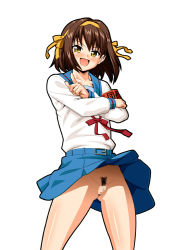 Rule 34 | 1girl, armband, blush, brown hair, censored, clothes lift, crossed arms, drain, female pubic hair, hairband, indoors, looking at viewer, miniskirt, mosaic censoring, no panties, open mouth, outline, pubic hair, pussy, school uniform, serafuku, short hair, simple background, skirt, skirt lift, smile, solo, suzumiya haruhi, suzumiya haruhi no yuuutsu, upskirt, white background, yellow eyes