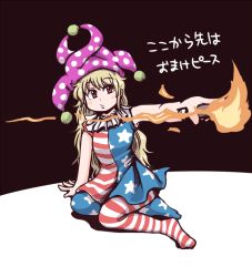 Rule 34 | 1girl, american flag dress, american flag legwear, blonde hair, clownpiece, hat, jester cap, jiru (jirufun), long hair, pantyhose, red eyes, solo, star (symbol), striped, torch, touhou, very long hair