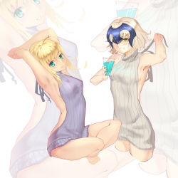 Rule 34 | 2girls, absurdres, ahoge, armpits, arms behind head, artoria pendragon (all), artoria pendragon (fate), bendy straw, blonde hair, blush, breasts, chiwan hewan, cup, drinking straw, fate/grand order, fate (series), headpiece, highres, indian style, jeanne d&#039;arc (fate), jeanne d&#039;arc (ruler) (fate), jeanne d&#039;arc alter (avenger) (fate), jeanne d&#039;arc alter (fate), looking at viewer, medium breasts, meme attire, multiple girls, saber (fate), short hair, sideboob, sitting, smile, untying, virgin killer sweater, yellow eyes, zoom layer
